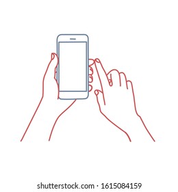 Touch screen mobile phone in hand.
Colour line drawing vector illustration.