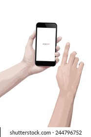 Touch screen mobile phone in hand. Vector illustration.