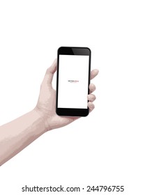 Touch screen mobile phone in hand. Vector illustration.