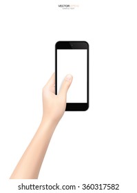 Touch screen mobile phone in hand with blank screen area for copy space. Vector illustration.