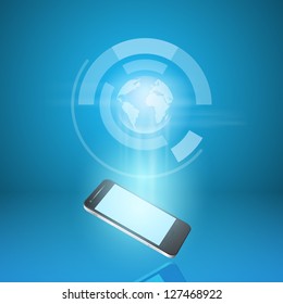 Touch screen mobile phone with hologram of earth. EPS10 vector.