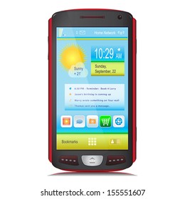 Touch Screen Mobile Phone isolated on white background. Black and red body colors. Content on display. Vector illustration.