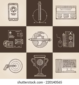 Touch screen mobile smart phone vector interface website education cup. Handdrawn engraving style pen pencil crosshatch hatching paper painting retro vintage vector lineart illustration set of icons.