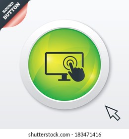 Touch screen monitor sign icon. Hand pointer symbol. Green shiny button. Modern UI website button with mouse cursor pointer. Vector