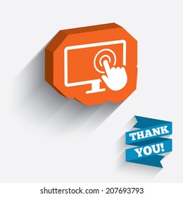 Touch screen monitor sign icon. Hand pointer symbol. White icon on orange 3D piece of wall. Carved in stone with long flat shadow. Vector