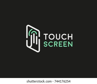 Touch screen palm finger vector logotype. Line smart phone tablet touchscreen logo.