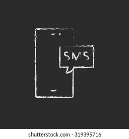 Touch screen phone with message hand drawn in chalk on a blackboard vector white icon isolated on a black background.