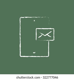 Touch screen phone with message hand drawn in chalk on a blackboard vector white icon isolated on a green background.