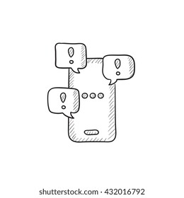 Touch screen phone with messages vector sketch icon isolated on background. Hand drawn Touch screen phone with messages icon. Phone with messages sketch icon for infographic, website or app.