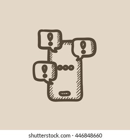 Touch screen phone with messages vector sketch icon isolated on background. Hand drawn Touch screen phone with messages icon. Phone with messages sketch icon for infographic, website or app.