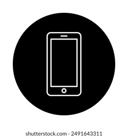 Touch screen phone vector icon, white outline flat design phone with black background.