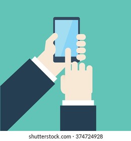 Touch Screen, Right hand of businessman is using mobile phone on green background ,and left hand of businessman is holding it on green background. Vector illustration flat style.