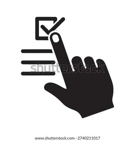 Touch screen selection concept showing hand pressing checkbox list representing digital voting choice option preference decision making
