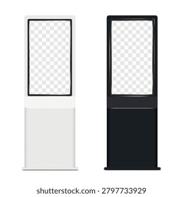 Touch screen self-service digital kiosk isolated. White, black. 3d mockup. Floor interactive display stand. Touchscreen LED LCD monitor panel. Realistic vector mock-up. Template for design