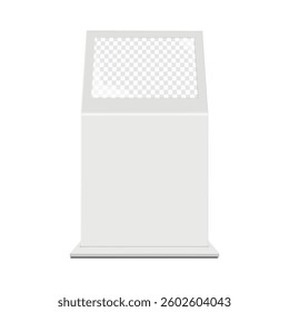 Touch screen self-service kiosk front view. Realistic 3d vector mockup. Blank interactive angled touchscreen retail display. Mock-up. Empty transparent tilt LCD LED screen. Template for design