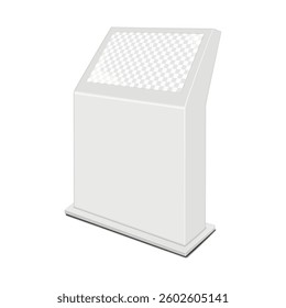 Touch screen self-service kiosk. Realistic 3d vector mockup. Blank interactive angled touchscreen retail display. Mock-up. Empty transparent tilt LCD LED monitor screen on metal base. Template