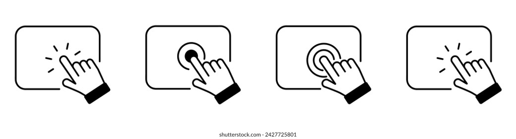 Señal de pantalla táctil. Iconos de tableta de pantalla táctil. Pulsa o empuja iconos vectoriales. Conjunto de pantalla táctil de la mano. Pantalla de tableta con la mano. Ilustración de vector