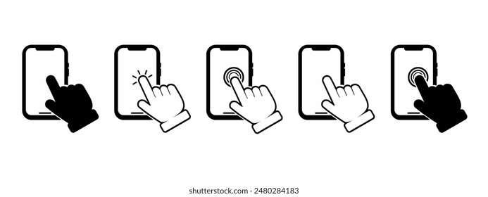 Touch screen smartphone by hand illustration, Touch screen icon of cell phone, Click on smartphone.