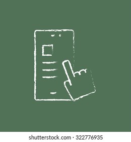Touch screen smartphone hand drawn in chalk on a blackboard vector white icon isolated on a green background.