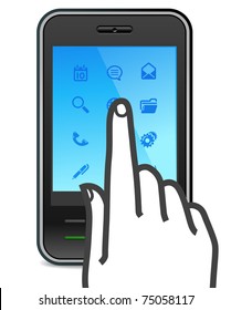 touch screen smartphone icon with finger pushes button