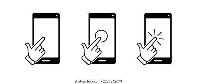 touch screen smartphone icon set, hand touch screen Mobile phone, click, Vector illustration.Set of hand touch screen smartphone icons, click. Hand click, press touch screen.