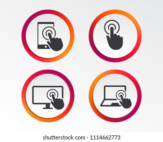 Touch screen smartphone icons. Hand pointer symbols. Notebook or Laptop pc sign. Infographic design buttons. Circle templates. Vector