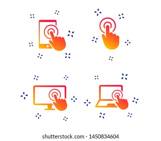 Touch screen smartphone icons. Hand pointer symbols. Notebook or Laptop pc sign. Random dynamic shapes. Gradient touch icon. Vector
