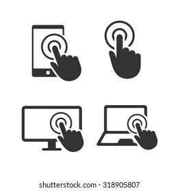 Touch screen smartphone icons. Hand pointer symbols. Notebook or Laptop pc sign. Flat icons on white. Vector