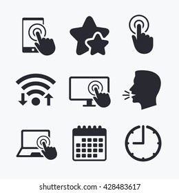 Touch screen smartphone icons. Hand pointer symbols. Notebook or Laptop pc sign. Wifi internet, favorite stars, calendar and clock. Talking head. Vector