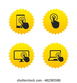 Touch screen smartphone icons. Hand pointer symbols. Notebook or Laptop pc sign. Yellow stars labels with flat icons. Vector