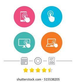 Touch screen smartphone icons. Hand pointer symbols. Notebook or Laptop pc sign. Calendar, cogwheel and report linear. Star vote ranking. Vector