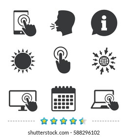 Touch screen smartphone icons. Hand pointer symbols. Notebook or Laptop pc sign. Information, go to web and calendar icons. Sun and loud speak symbol. Vector