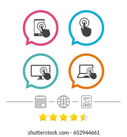Touch screen smartphone icons. Hand pointer symbols. Notebook or Laptop pc sign. Calendar, internet globe and report linear icons. Star vote ranking. Vector