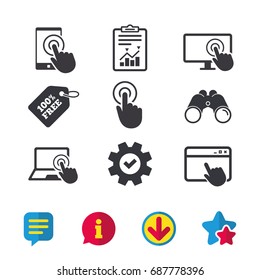 Touch screen smartphone icons. Hand pointer symbols. Notebook or Laptop pc sign. Browser window, Report and Service signs. Binoculars, Information and Download icons. Stars and Chat. Vector
