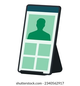 Pantalla táctil smartphone en stand y aplicación, icono aislado