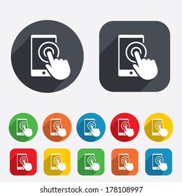 Touch screen smartphone sign icon. Hand pointer symbol. Circles and rounded squares 12 buttons. Vector