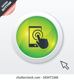 Touch screen smartphone sign icon. Hand pointer symbol. Green shiny button. Modern UI website button with mouse cursor pointer. Vector