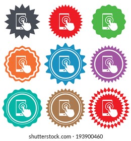 Touch screen smartphone sign icon. Hand pointer symbol. Stars stickers. Certificate emblem labels. Vector