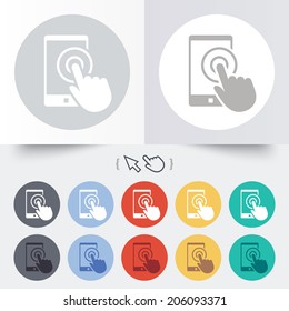 Touch screen smartphone sign icon. Hand pointer symbol. Round 12 circle buttons. Shadow. Hand cursor pointer. Vector