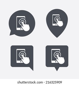 Touch screen smartphone sign icon. Hand pointer symbol. Map pointers information buttons. Speech bubbles with icons. Vector