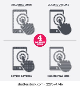 Touch screen smartphone sign icon. Hand pointer symbol. Diagonal and horizontal lines, classic outline, dotted texture. Pattern design icons.  Vector