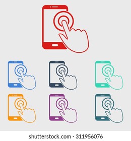 Touch screen smartphone sign icon. Hand pointer symbol. Flat design style. Vector EPS 10.