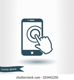 Icono de signo de smartphone de pantalla táctil. Símbolo del puntero de mano. Diseño plano. Vector EPS 10.