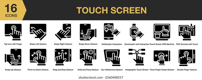 Touch Screen solid icon set. Includes interaction, gesture, finger, pos, press, and More. Solid icons vector collection.
