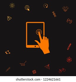 Touch screen tablet with click hand. Graphic elements for your design