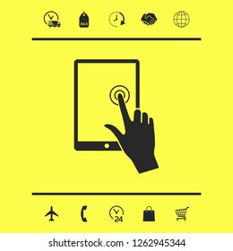Touch screen tablet with click hand. Graphic elements for your design