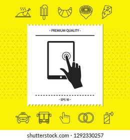 Touch screen tablet with click hand. Graphic elements for your design