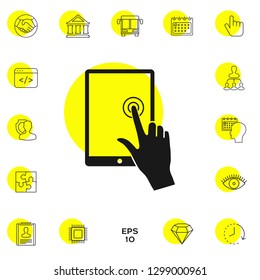 Touch screen tablet with click hand. Graphic elements for your design
