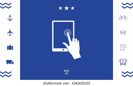 Touch screen tablet with click hand. Graphic elements for your design