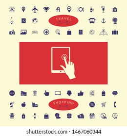 Touch screen tablet with click hand. Graphic elements for your design